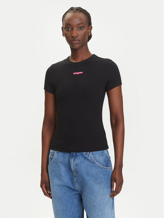 Tommy Jeans Тишърт Script Label DW0DW21402 Черен Slim Fit за Жени цена