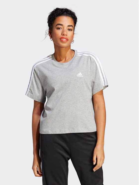adidas Тишърт Essentials 3-Stripes Single Jersey Crop Top HR4916 Сив Loose Fit за Жени цена
