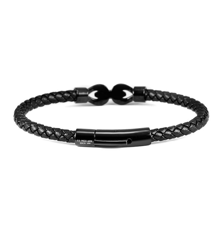 Сплетена кожена гривна с инокс - Черен US Polo Assn
