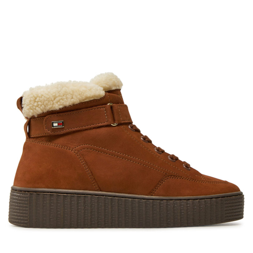Боти Tommy Hilfiger Faux Fur Nubuck Low Lace-Up FW0FW08172 Кафяв цвят на ниска цена