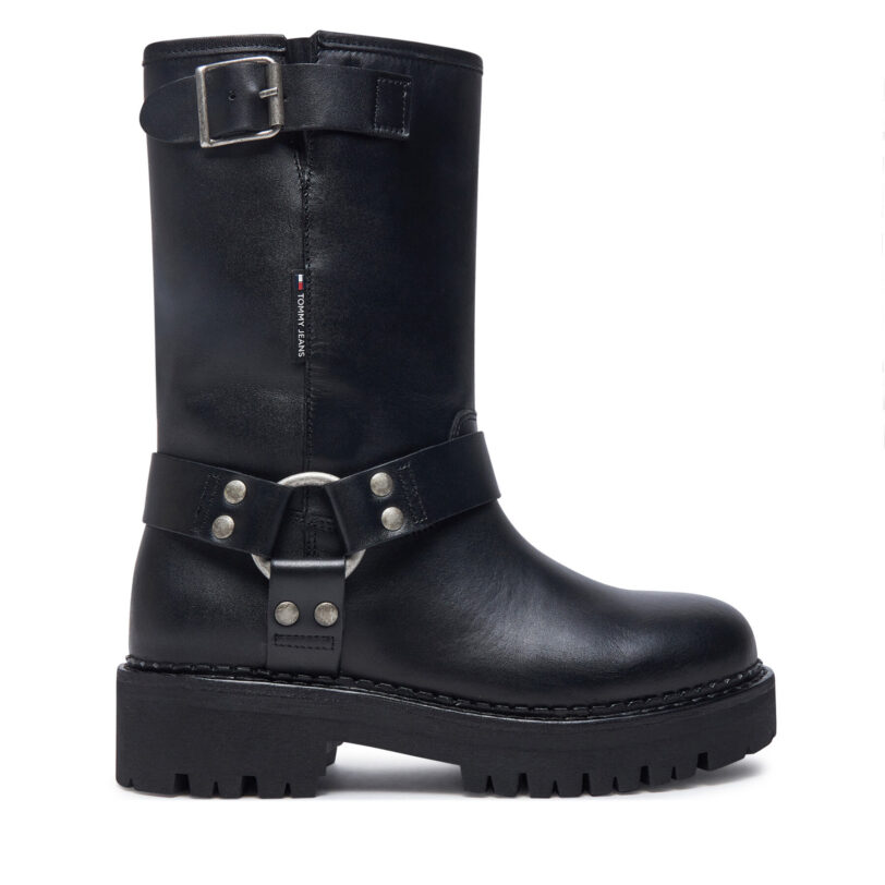 Боти Tommy Jeans Tjw Urban Biker Boot Leather EN0EN02728 Черен цвят на ниска цена