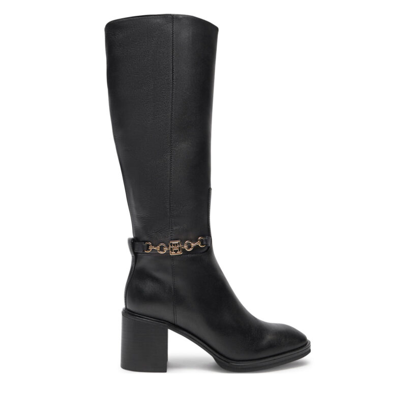 Ботуши Tommy Hilfiger Th Chain Leather Long Boot FW0FW08182 Черен цвят на ниска цена