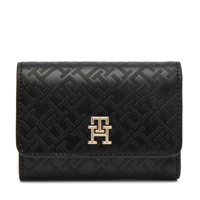 Голям дамски портфейл Tommy Hilfiger Th Distinct Trifold Wallet Mono AW0AW17257 Черен цвят на ниска цена