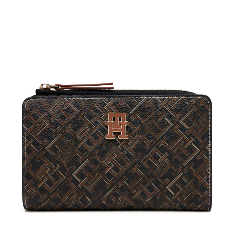 Голям дамски портфейл Tommy Hilfiger Th Monoplay Leather Med 7 Wallet AW0AW17417 Черен цвят на ниска цена