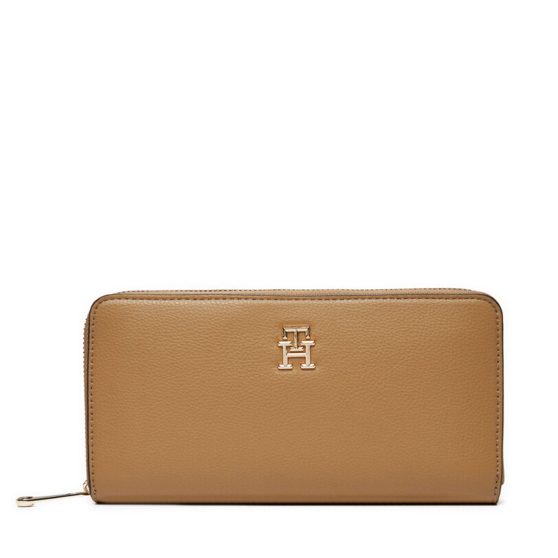 Голям дамски портфейл Tommy Hilfiger Th Soft Logotape Lrg Za AW0AW16927 Кафяв цвят на ниска цена