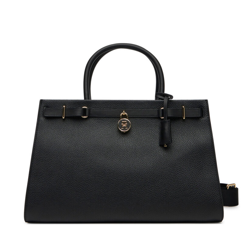 Дамска чанта Tommy Hilfiger American Icon Tote Leather AW0AW17185 Черен цвят на ниска цена