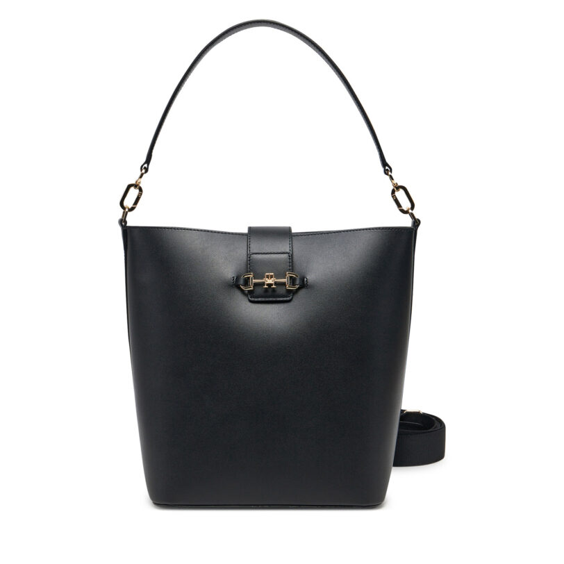 Дамска чанта Tommy Hilfiger Heritage Leather Bucket AW0AW17396 Черен цвят на ниска цена