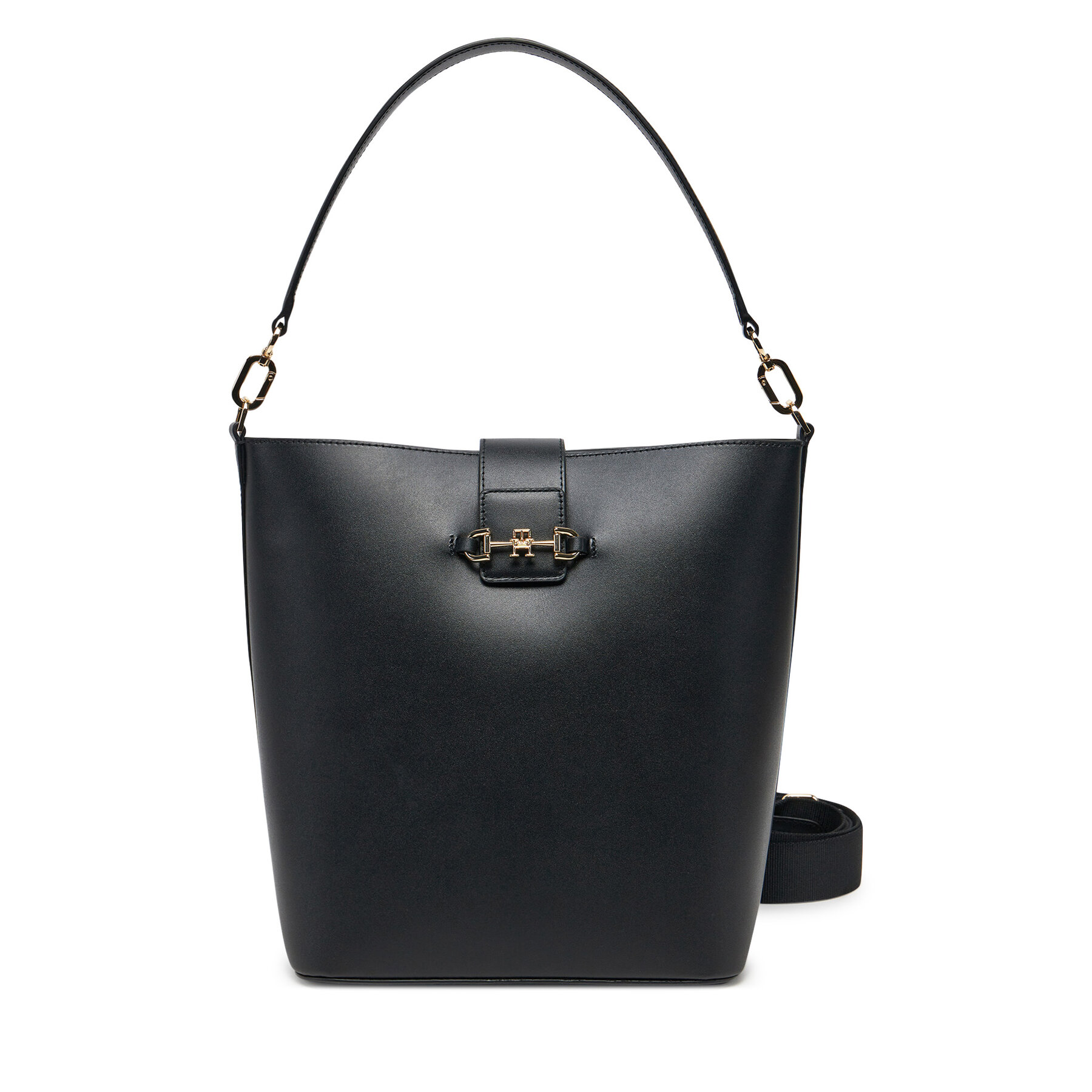 Дамска чанта Tommy Hilfiger Heritage Leather Bucket AW0AW17396 Черен цвят на ниска цена