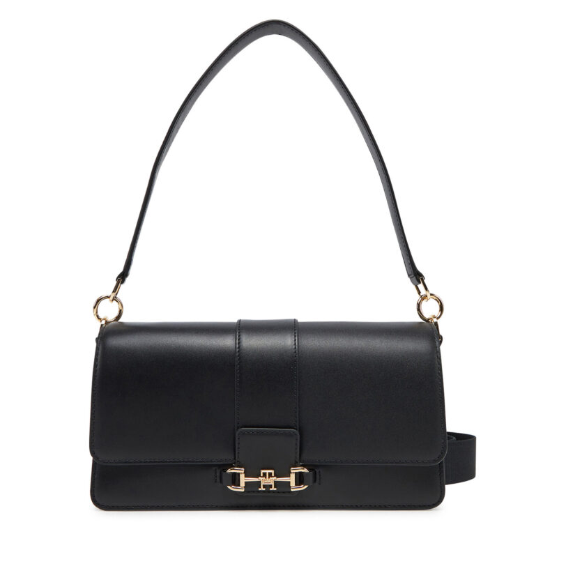 Дамска чанта Tommy Hilfiger Heritage Leather Conv Crossover AW0AW17399 Черен цвят на ниска цена