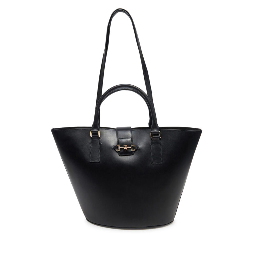 Дамска чанта Tommy Hilfiger Heritage Leather Tote AW0AW17209 Черен цвят на ниска цена