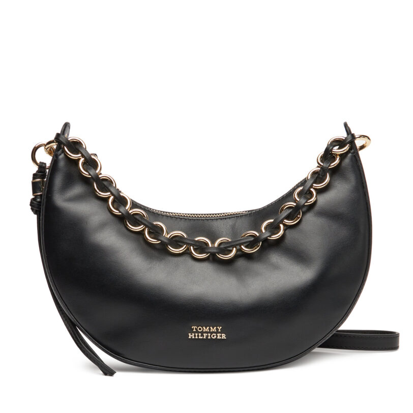 Дамска чанта Tommy Hilfiger Moon Leather Crossover AW0AW17467 Черен цвят на ниска цена
