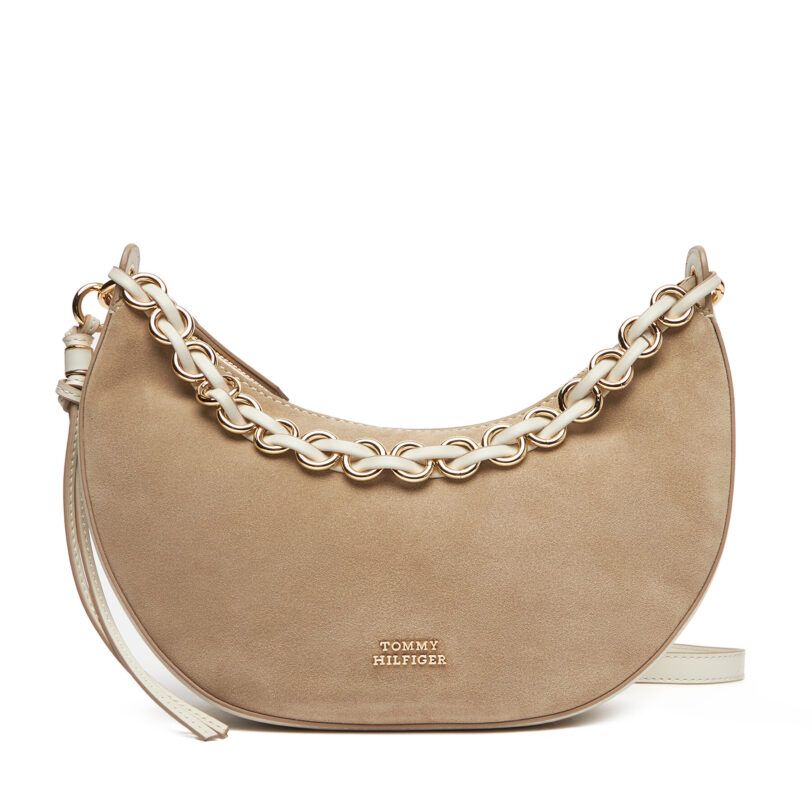 Дамска чанта Tommy Hilfiger Moon Leather Crossover Suede AW0AW17537 Бежов цвят на ниска цена