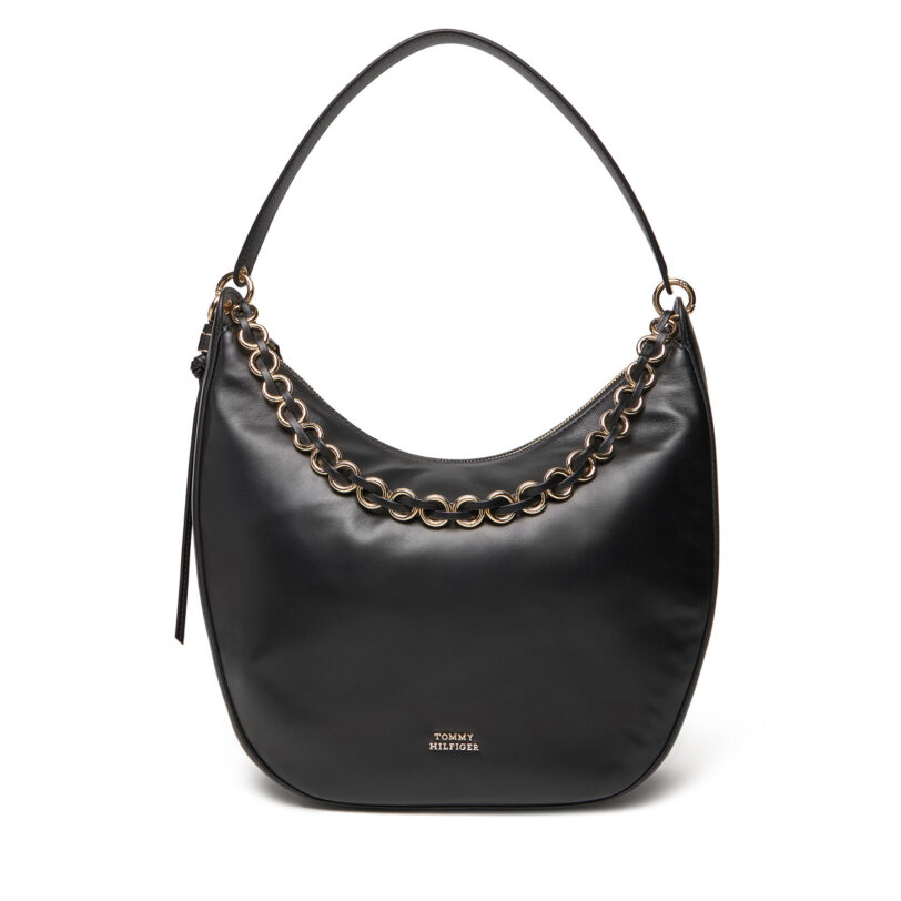 Дамска чанта Tommy Hilfiger Moon Leather Hobo AW0AW17468 Черен цвят на ниска цена