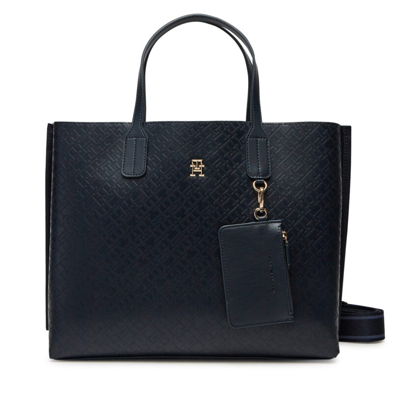 Дамска чанта Tommy Hilfiger Th Distinct Satchel Mono AW0AW17174 Тъмносин цвят на ниска цена