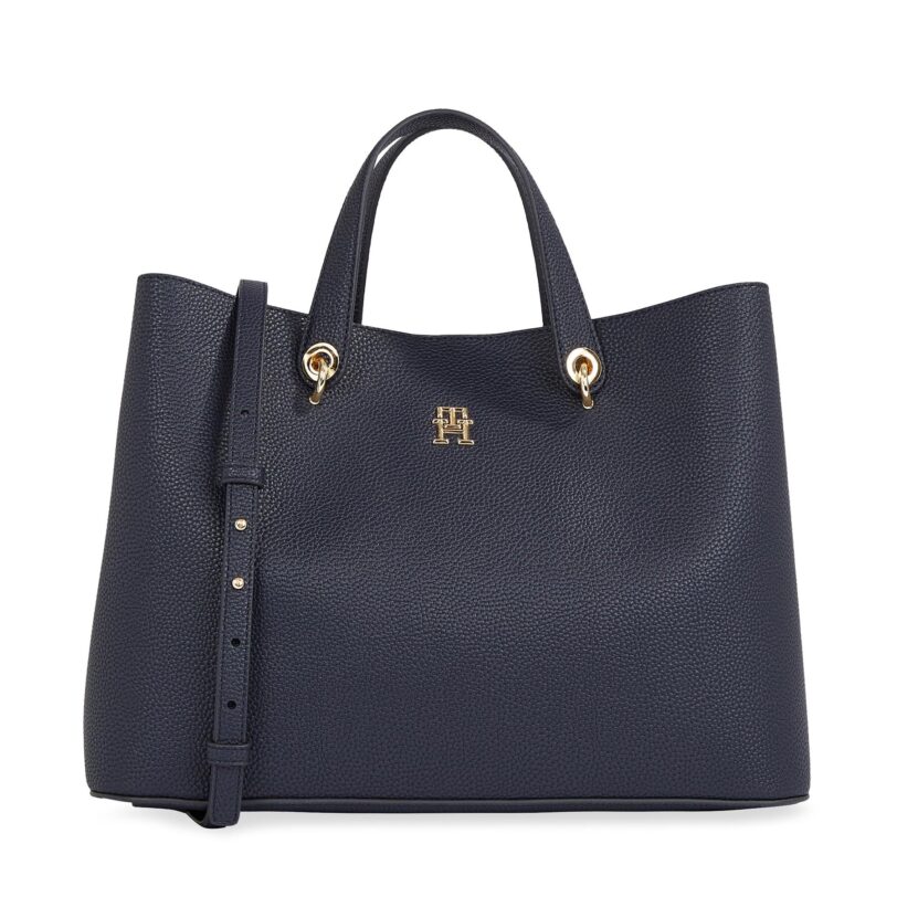 Дамска чанта Tommy Hilfiger Th Emblem Satchel AW0AW15177 Тъмносин цвят на ниска цена