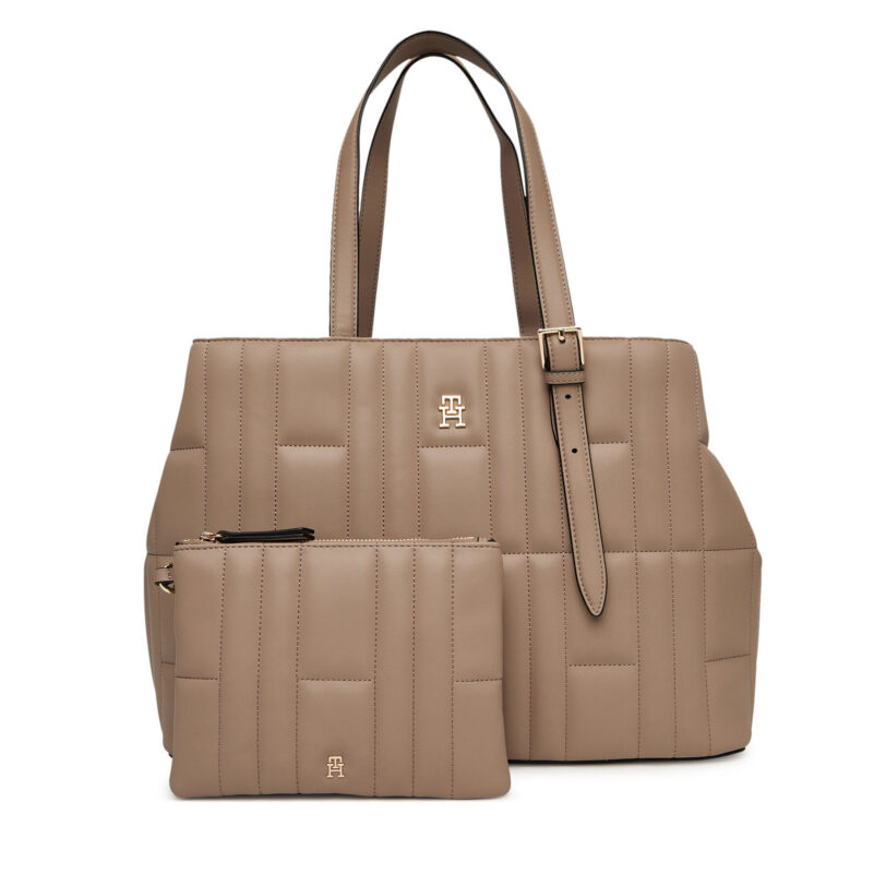 Дамска чанта Tommy Hilfiger Th Feminine Tote AW0AW17452 Бежов цвят на ниска цена