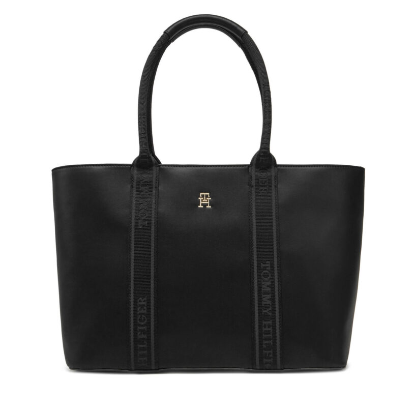 Дамска чанта Tommy Hilfiger Th Logotape Tote AW0AW17198 Черен цвят на ниска цена