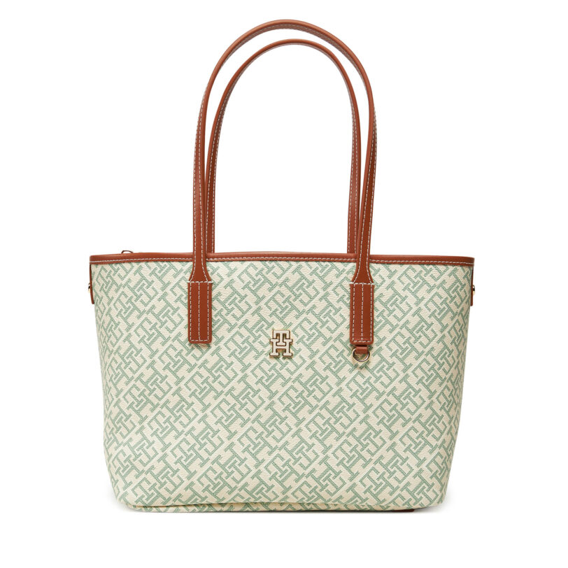 Дамска чанта Tommy Hilfiger Th Monoplay Leather Mini Tote AW0AW17415 Зелен цвят на ниска цена