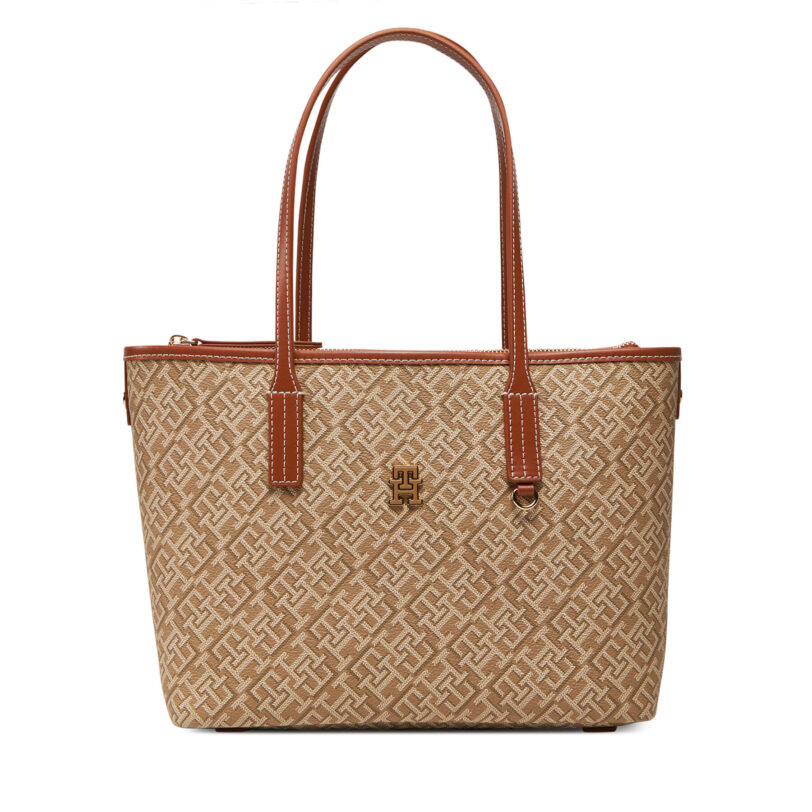 Дамска чанта Tommy Hilfiger Th Monoplay Leather Mini Tote AW0AW17415 Кафяв цвят на ниска цена