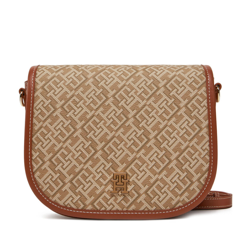 Дамска чанта Tommy Hilfiger Th Monoplay Leather Saddle Bag AW0AW17414 Кафяв цвят на ниска цена