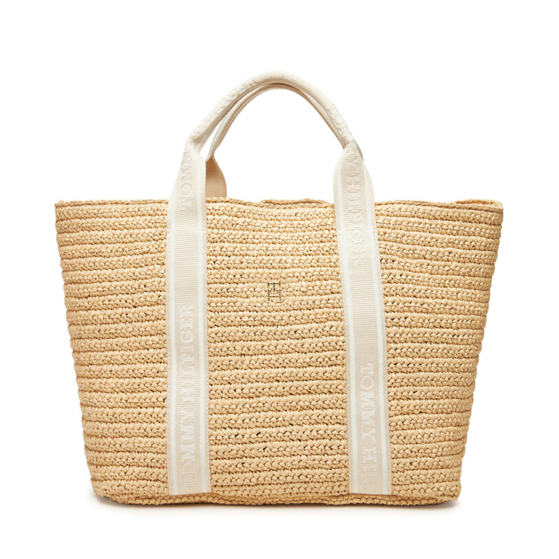Дамска чанта Tommy Hilfiger Th Spring Logo Tote AW0AW17196 Бежов цвят на ниска цена