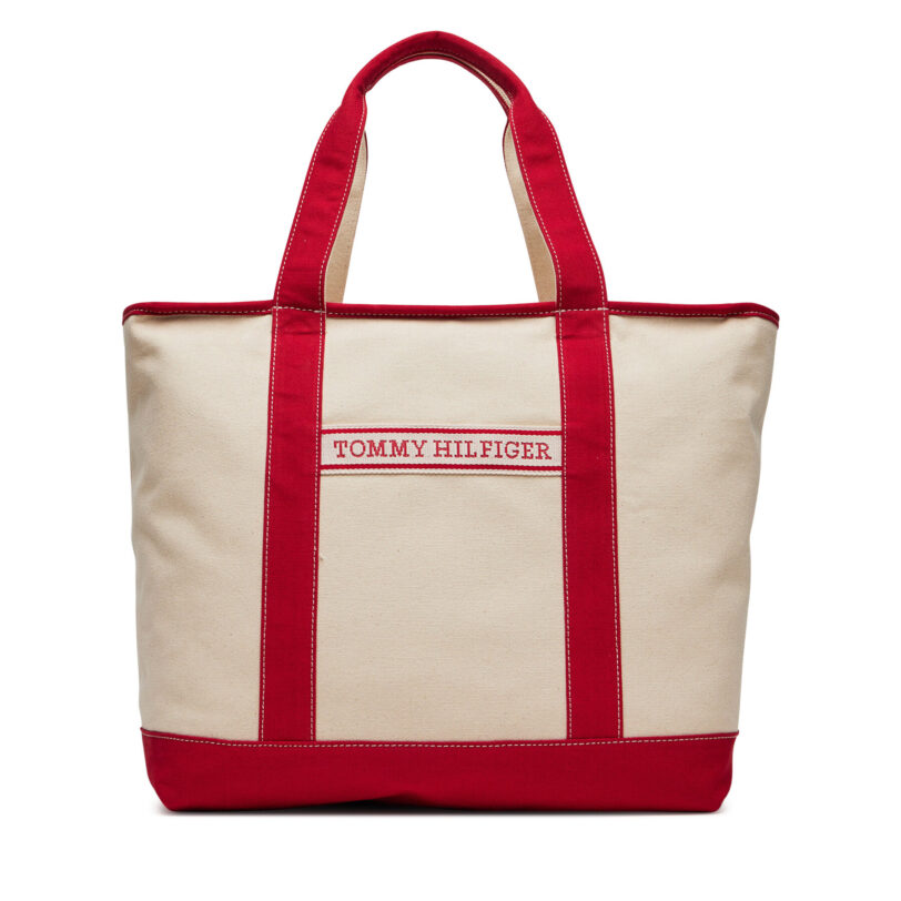 Дамска чанта Tommy Hilfiger Th Summer Canvas Tote AW0AW17421 Бежов цвят на ниска цена