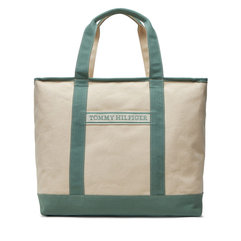 Дамска чанта Tommy Hilfiger Th Summer Canvas Tote AW0AW17421 Зелен цвят на ниска цена