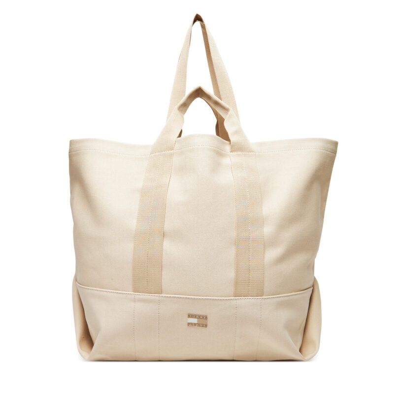 Дамска чанта Tommy Jeans Tjw Tote Edition Canvas AW0AW17542 Бежов цвят на ниска цена