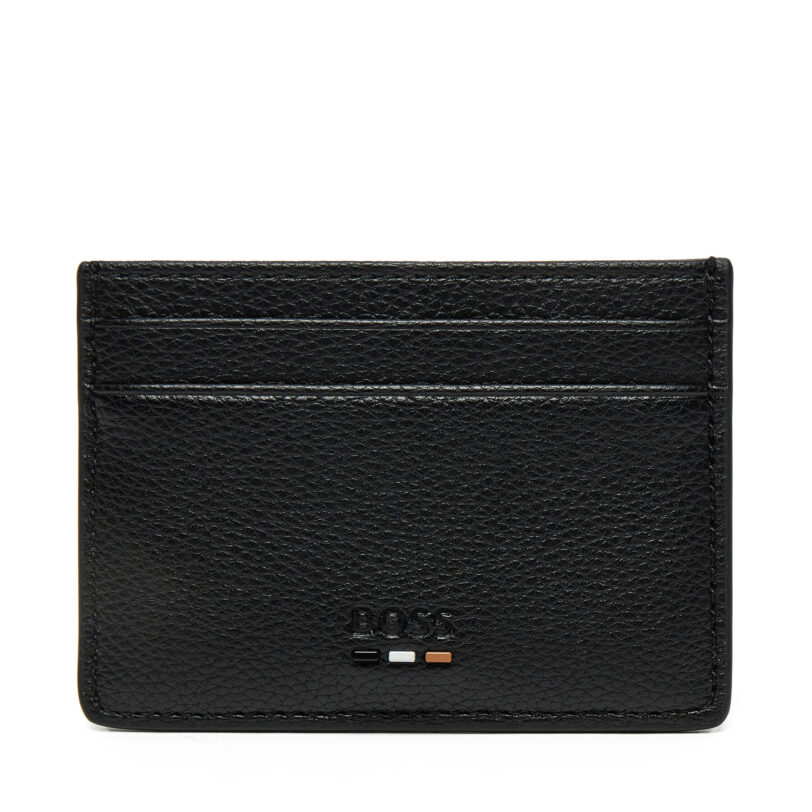 Калъф за кредитни карти BOSS Grained faux-leather card holder with signature details 50536513 Черен цвят на ниска цена