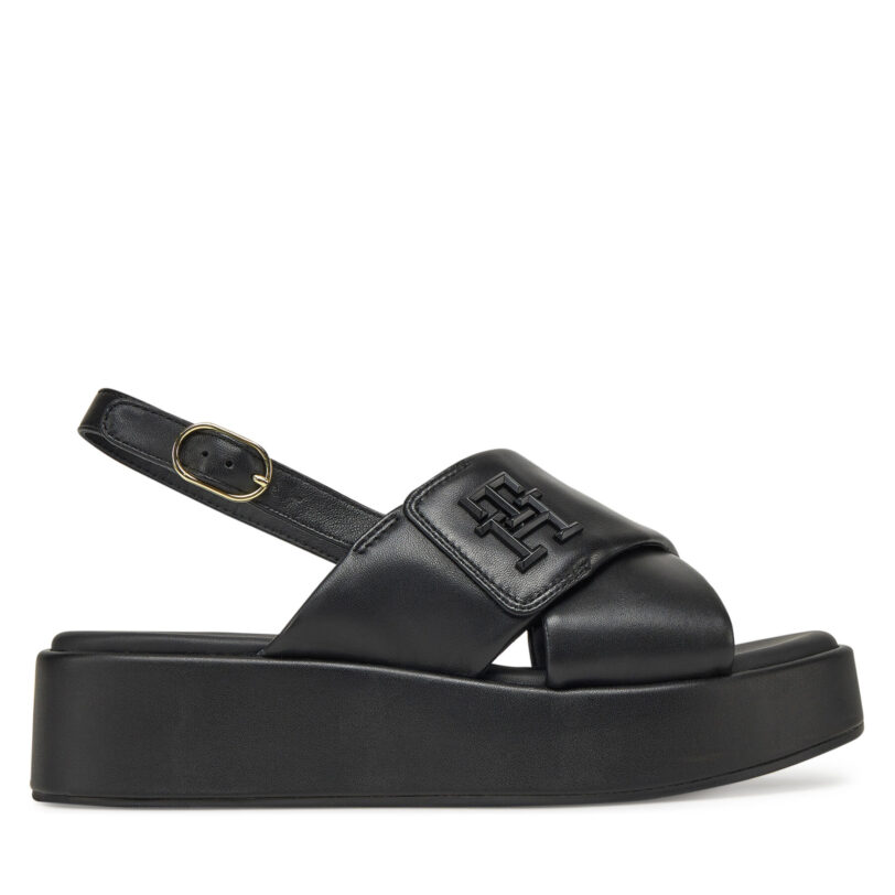 Сандали Tommy Hilfiger Th Logo Hw Padded Leather Sandal FW0FW08808 Черен цвят на ниска цена