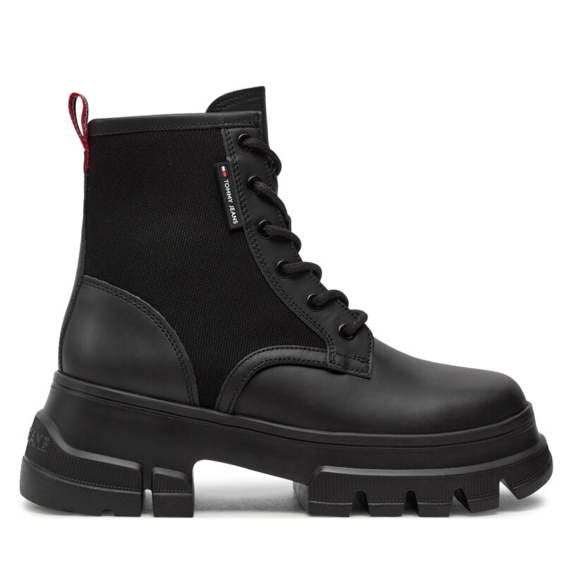 Туристически oбувки Tommy Jeans Tjw Chunky Lace Up Boot Mix Mat EN0EN02554 Черен цвят на ниска цена