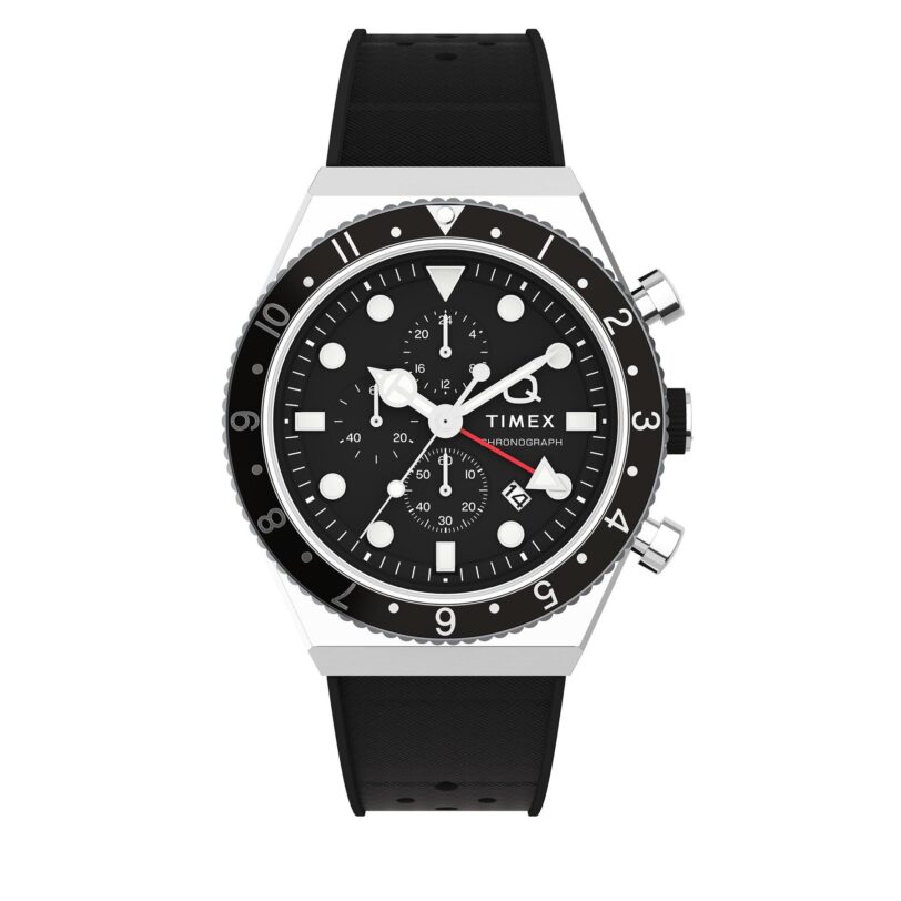 Часовник Timex Q Timex Three Time Zone Chronograph TW2V70000 Черен цвят на ниска цена