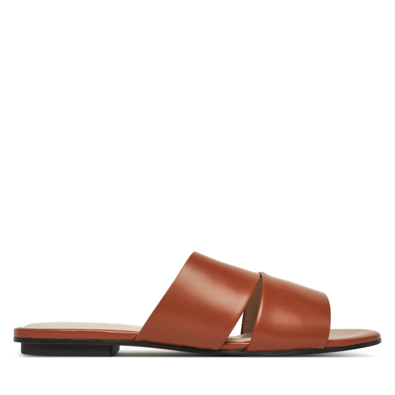 Чехли Calvin Klein Flat Slide - Lth 2 Straps HW0HW02365 Кафяв цвят на ниска цена