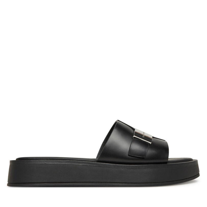 Чехли Calvin Klein Flatform Slide W/Ck Hw - Lth HW0HW02368 Черен цвят на ниска цена
