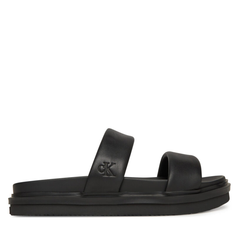 Чехли Calvin Klein Jeans Flat Molded Doublebar Sandal Lth YM0YM01226 Черен цвят на ниска цена