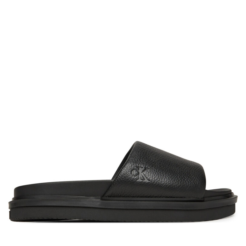 Чехли Calvin Klein Jeans Flat Molded Slide Sandal Lth YM0YM01225 Черен цвят на ниска цена