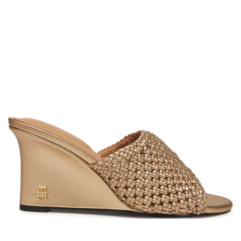 Чехли Tommy Hilfiger Crochet Metallic Lthr Wedge Mule FW0FW08812 Златист цвят на ниска цена