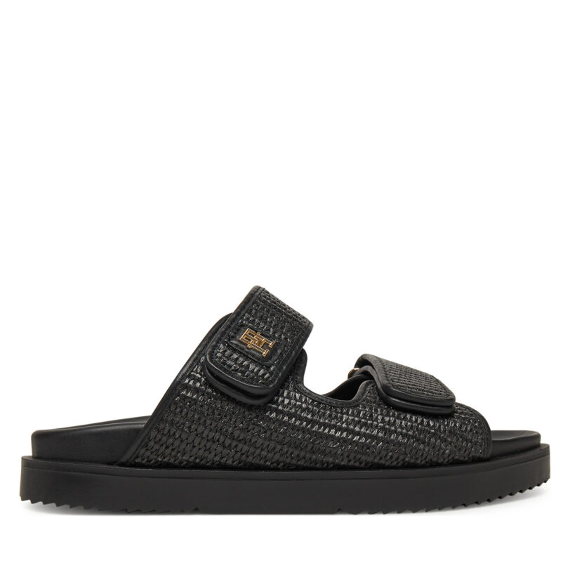 Чехли Tommy Hilfiger DOUBLE STRAP RAFFIA FW0FW08940 Черен цвят на ниска цена