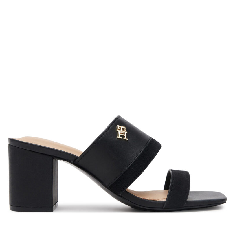 Чехли Tommy Hilfiger Leather & Suede Block Heel Mule FW0FW08530 Черен цвят на ниска цена