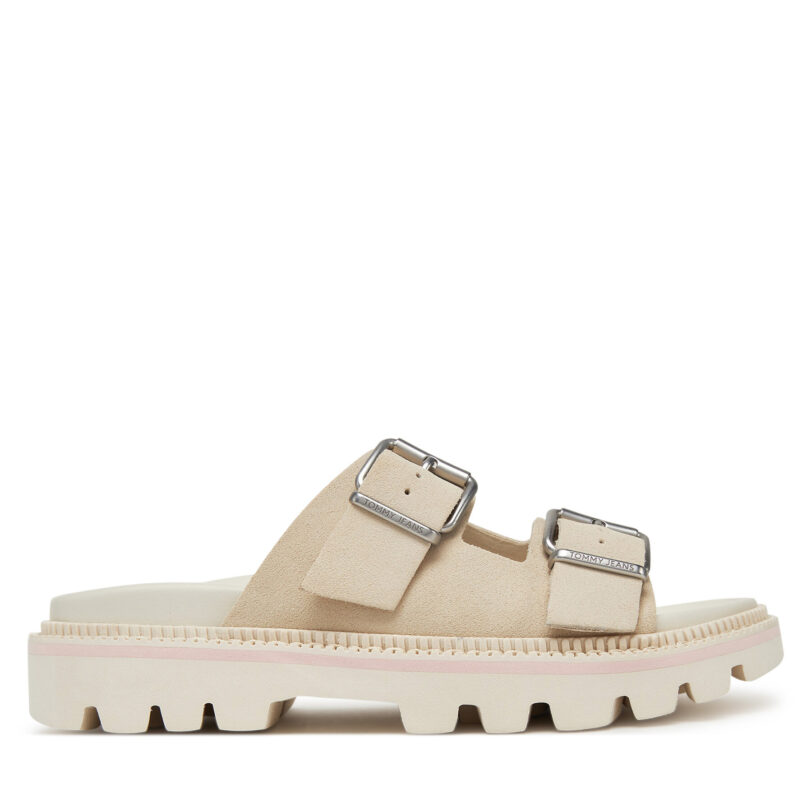 Чехли Tommy Jeans Double Strap Sandal Suede EN0EN02797 Екрю цвят на ниска цена