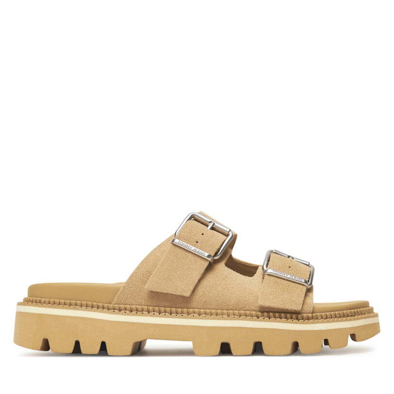 Чехли Tommy Jeans Tjw Double Strap Sandal Suede EN0EN02797 Кафяв цвят на ниска цена