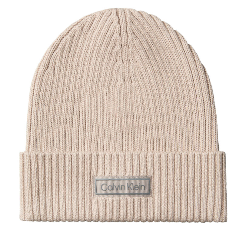 Шапка Calvin Klein Patch Chunky Rib Cotton Beanie LV04D8053G Бежов цвят на ниска цена