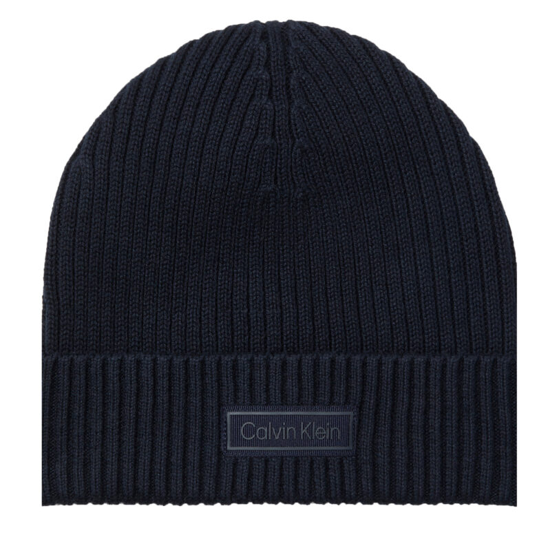 Шапка Calvin Klein Patch Chunky Rib Cotton Beanie LV04D8053G Тъмносин цвят на ниска цена