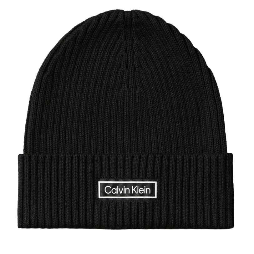 Шапка Calvin Klein Patch Chunky Rib Cotton Beanie LV04D8053G Черен цвят на ниска цена