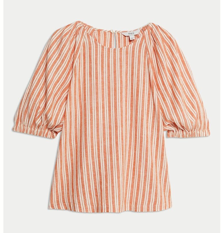 Блуза с лен и къси ръкави Marks  Spencer
