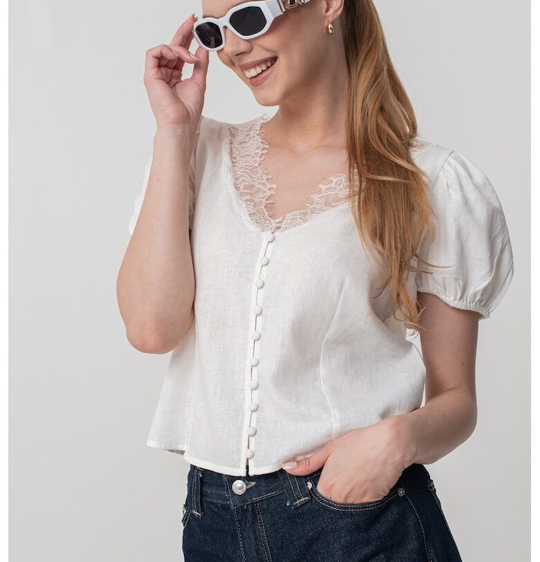 Блуза с лен с къси ръкави - Мръснобял - GAP