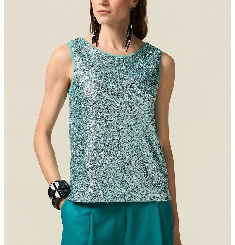 Бляскава блуза с овално деколте - Морско зелено - Oltre