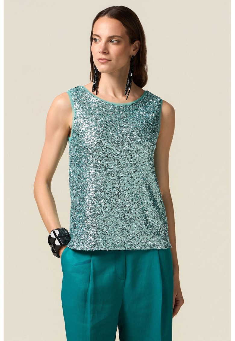 Бляскава блуза с овално деколте - Морско зелено - Oltre