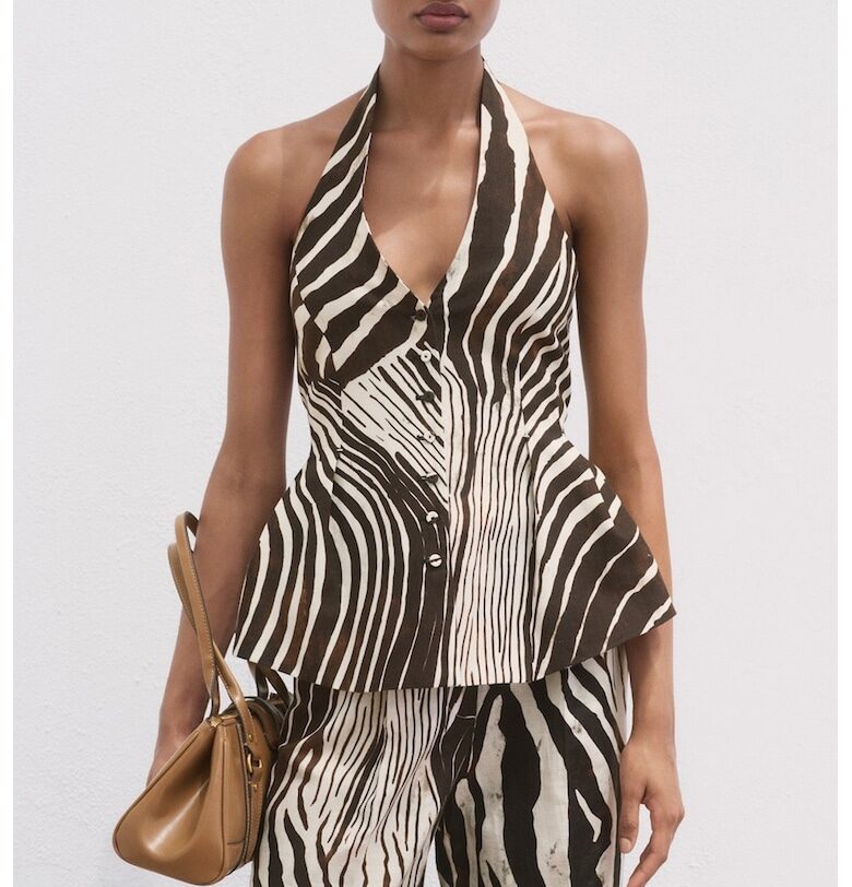 Десениран шпиц елек с лен Mango