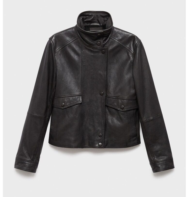 Кожено яке с висока яка Mango